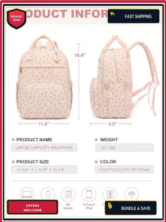Corduroy Laptop Backpack for Women, 15.6-Inch Padded Compartment, Multi-Pocket main image 5